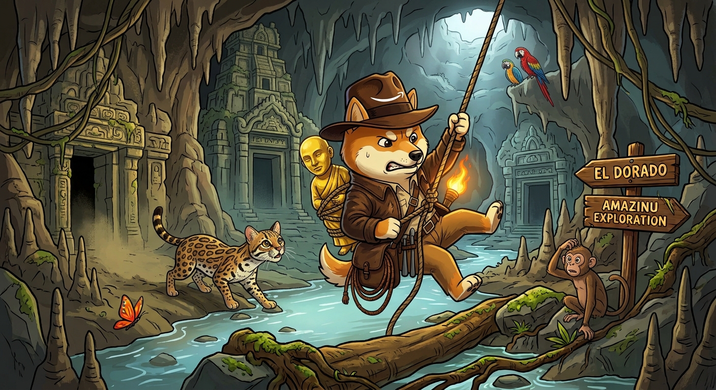 Amazinu swinging on a rope over an underground river inside a cave, torch lit, golden idol on his back, watched by an ocelot and a monkey