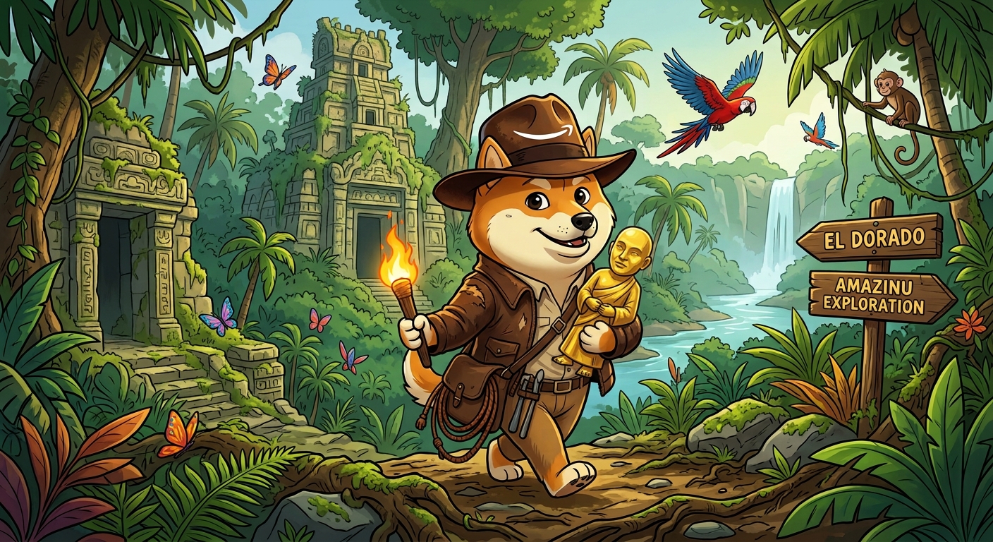 Amazinu walking a jungle trail carrying a golden idol, with a ruined temple and waterfall behind him